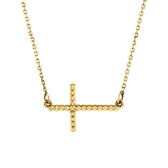 15.5mm Sideways Beaded Cross Necklace in 14k Yellow Gold, 16.5 Inch - Picture 1 of 4